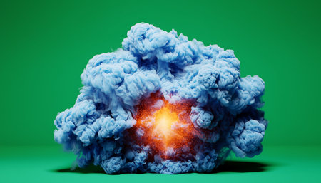 3D illustration of an explosion with smoke on the green background.の素材