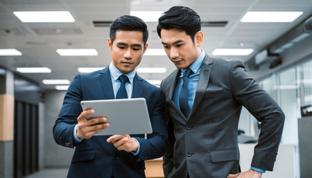 Two asian business people using digital tablet while standing in office.の素材