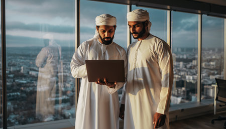 Two Arab businessmen in traditional clothing using laptop computer in modern office.の素材