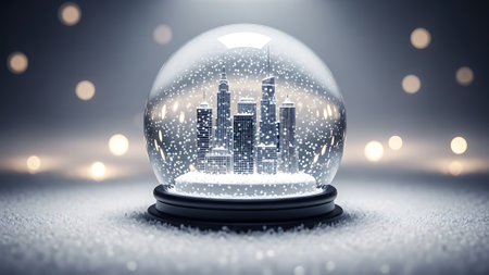 Snow globe with city and lights on background. 3D rendering.の素材