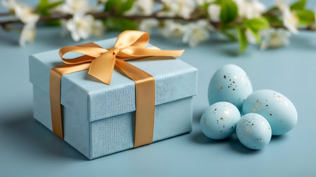 Blue gift box with golden bow and Easter eggs on blue background.の素材