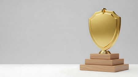 3d render of golden shield on podium. Award ceremony concept.の素材
