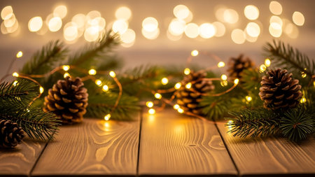 Christmas background with fir tree branches and garland lights on wooden tableの素材