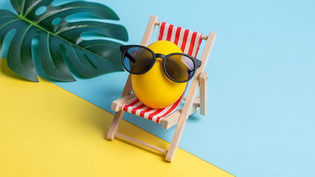 Summer holiday concept. Sun lounger with yellow ball and sunglasses on blue and yellow backgroundの素材