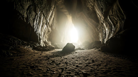 Mysterious dark cave with light shining through. 3D renderingの素材