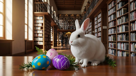 Rabbit and easter eggs in the library. 3d renderingの素材