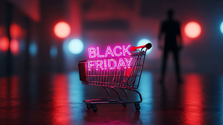 Conceptual hand writing showing Black Friday. Concept meaning day of the week before Black Friday Shopping cart with silhouette man in the backgroundの素材