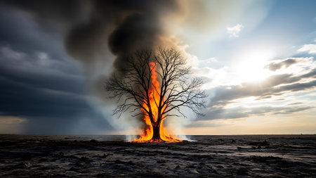Burning tree in the field at sunset, natural disaster, ecological disasterの素材