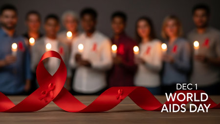 World Aids Day concept. Group of people holding red ribbon.の素材