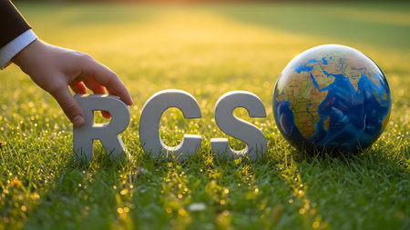 Hand of businessman holding the word CSR on the grass with globeの素材