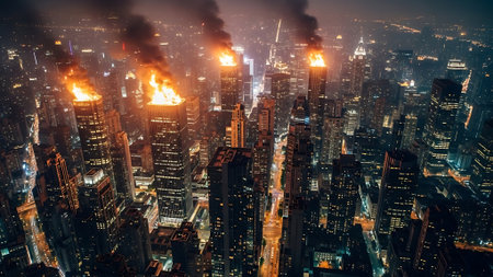 Aerial view of burning skyscrapers in the city at nightの素材