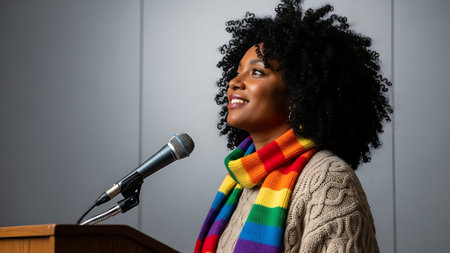 Young african american woman speaking in front of a microphone.の素材