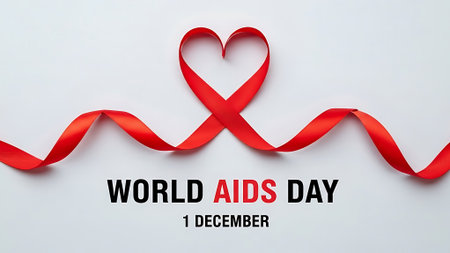 World AIDS Day concept with red ribbon and heart shape on white backgroundの素材