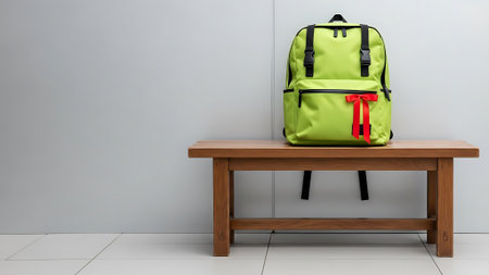 Green backpack on a wooden bench with a white wall in the backgroundの素材