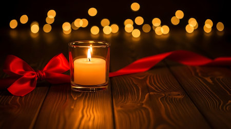 Burning candle with red ribbon and bow on wooden table with bokeh backgroundの素材