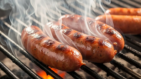 Grilling sausages on barbecue grill with smoke, closeupの素材