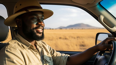 Portrait of smiling african american man driving car in desertの素材
