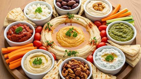 Bowl of hummus with various dips and vegetables on wooden backgroundの素材