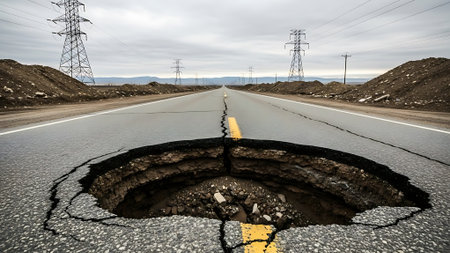 Damaged asphalt road with potholes and high voltage pylonsの素材