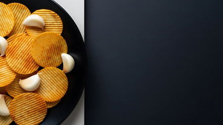 Potato chips on a black plate on a white and black backgroundの素材