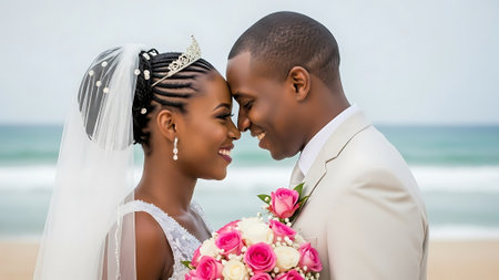 happy african american bride and groom embracing on beach during weddingの素材