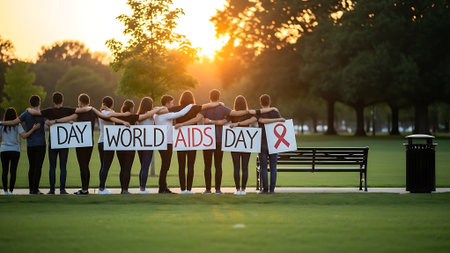 Silhouette of a group of women holding a placard with the words World Aids Dayの素材