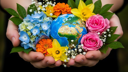 Globe and flowers in the hands of a child. Save the planet.の素材