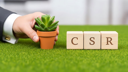 Hand of businessman putting wooden cubes with word CSR on green grassの素材