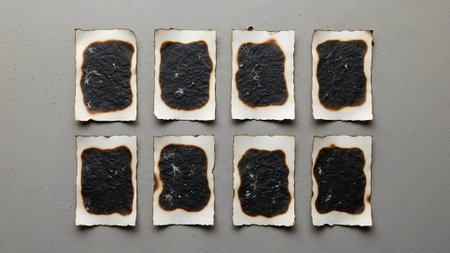 Pieces of burnt paper on the gray background. Top view.の素材