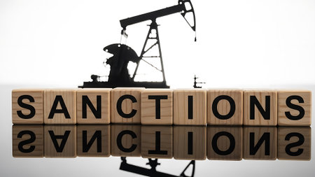 SANCTIONS AND CONNOVALS word made with wood building blocksの素材