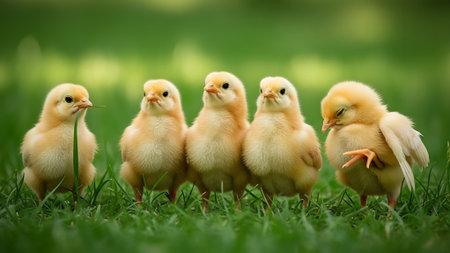 Cute yellow chicks on green grass. Chickens in the gardenの素材