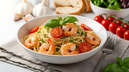 Spaghetti with shrimps, tomatoes and basil in white bowlの素材