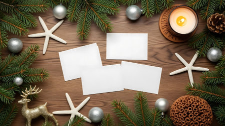 Christmas greeting card mockup with fir branches and decoration on wooden backgroundの素材