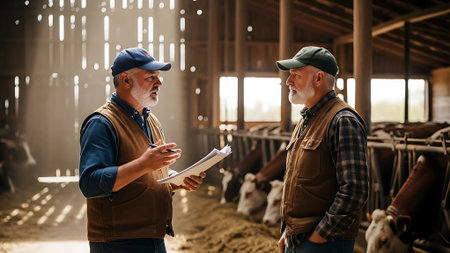 Farmer Showing Clipboard to Male Cowherd In Farmの素材