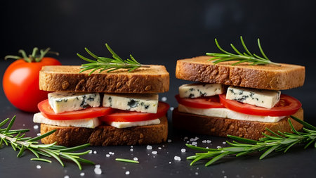 Sandwiches with blue cheese, tomatoes and rosemary on a black backgroundの素材