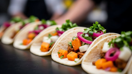 Close up of a group of tacos with chopped meat, vegetables and herbsの素材