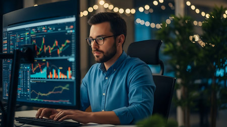 Handsome young trader working with computer at night in office.の素材