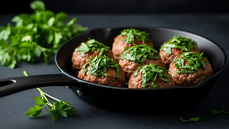 Meatballs with parsley in a frying pan on a dark backgroundの素材