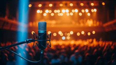 Microphone in concert hall or conference hall, blurred stage background.の素材