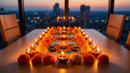 Indian festival Diwali, Diya oil lamps lit on colorful rangoli. Hindu traditional. Happy Deepavali.の素材