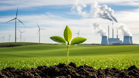 Green sprout growing from soil in front of a nuclear power plantの素材