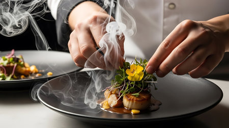 Chef in restaurant kitchen decorating delicious gourmet dish with edible flowers.の素材