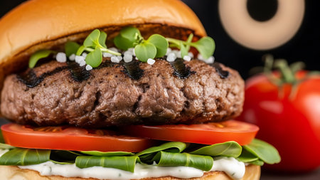 Beef burger with lettuce, tomato and cheese on a dark backgroundの素材