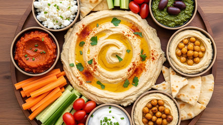 Hummus, hummus with vegetables and dips on wooden backgroundの素材