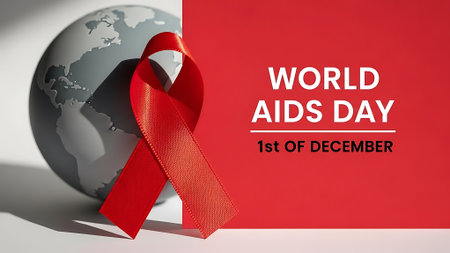 World Aids Day concept with red ribbon on white background. 3D rendering.の素材