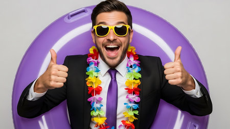 Handsome man in suit and sunglasses sitting on an inflatable ring and showing thumbs upの素材