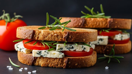 Sandwich with blue cheese, tomatoes and rosemary on a black backgroundの素材