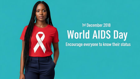 World Aids Day. Young african american woman with pink ribbon on her chest.の素材