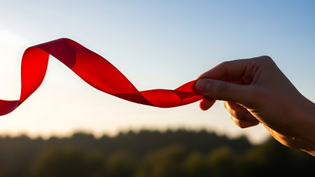 Red ribbon in hand against the background of the blue sky and forestの素材