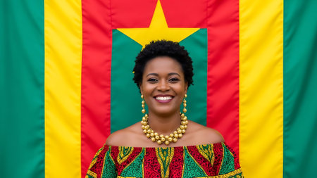 young african american woman with afro hairstyle in national dress on african flag backgroundの素材
